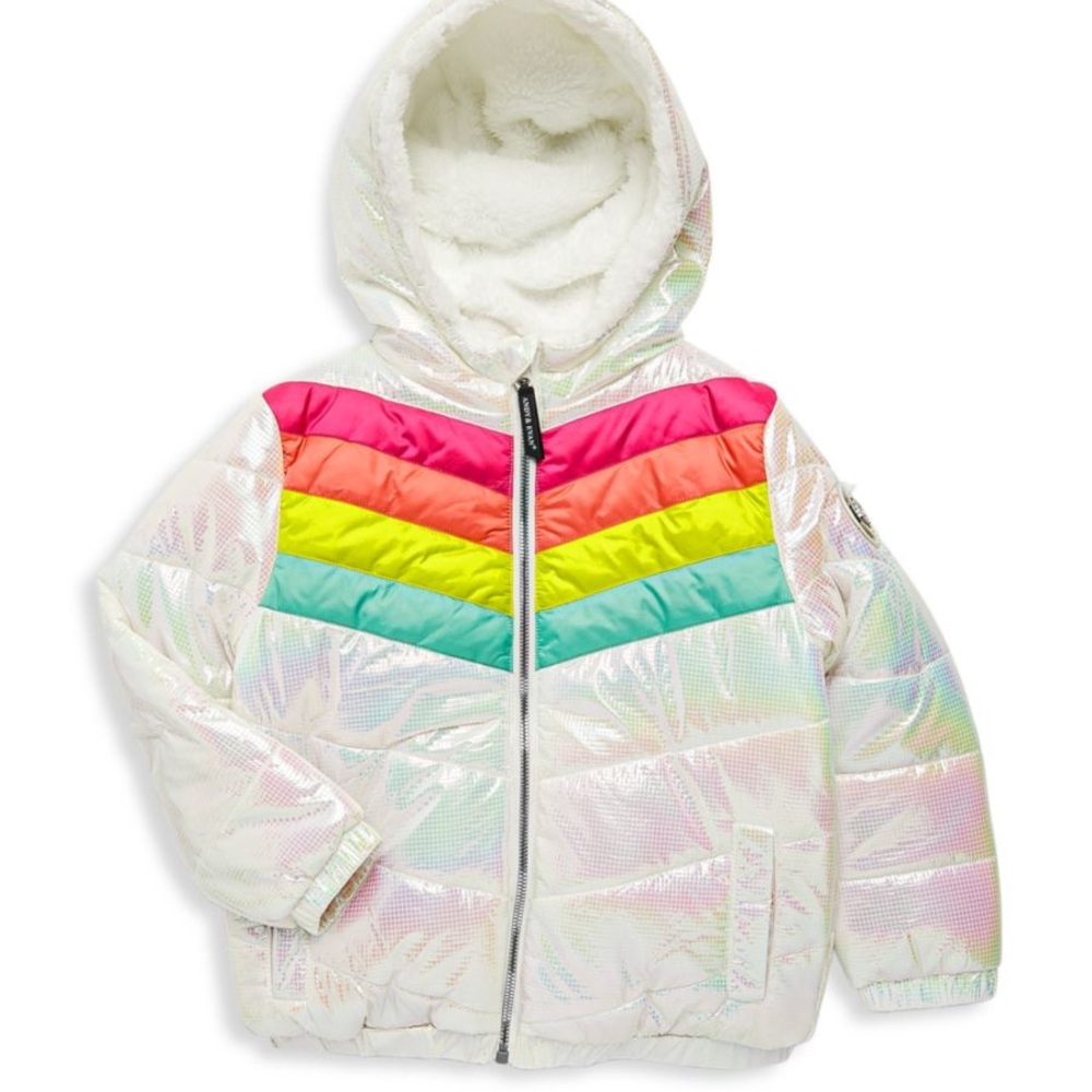 Andy & Evan rainbow puffer jacket. Size 7/8. Scan code to register.